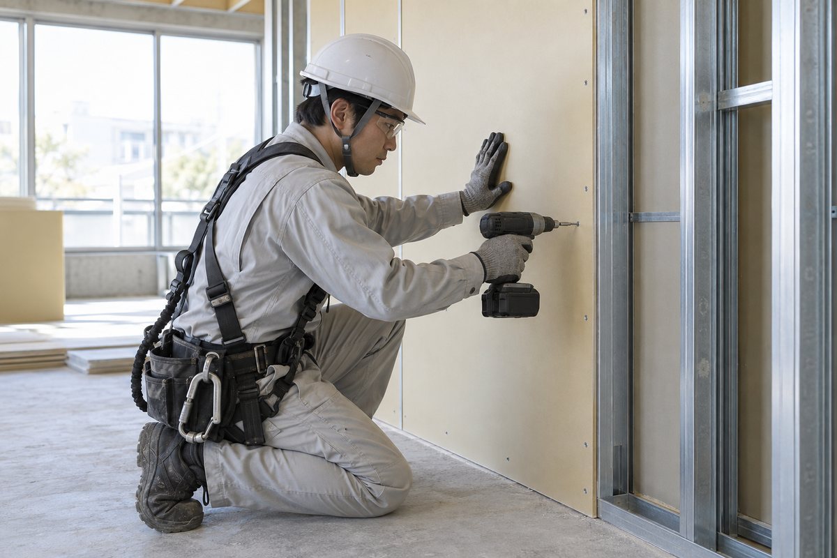 室内で壁の仕上げ作業をする内装職人