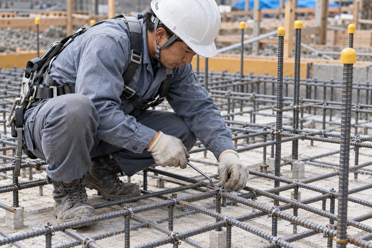 建設現場で鉄筋を組む職人