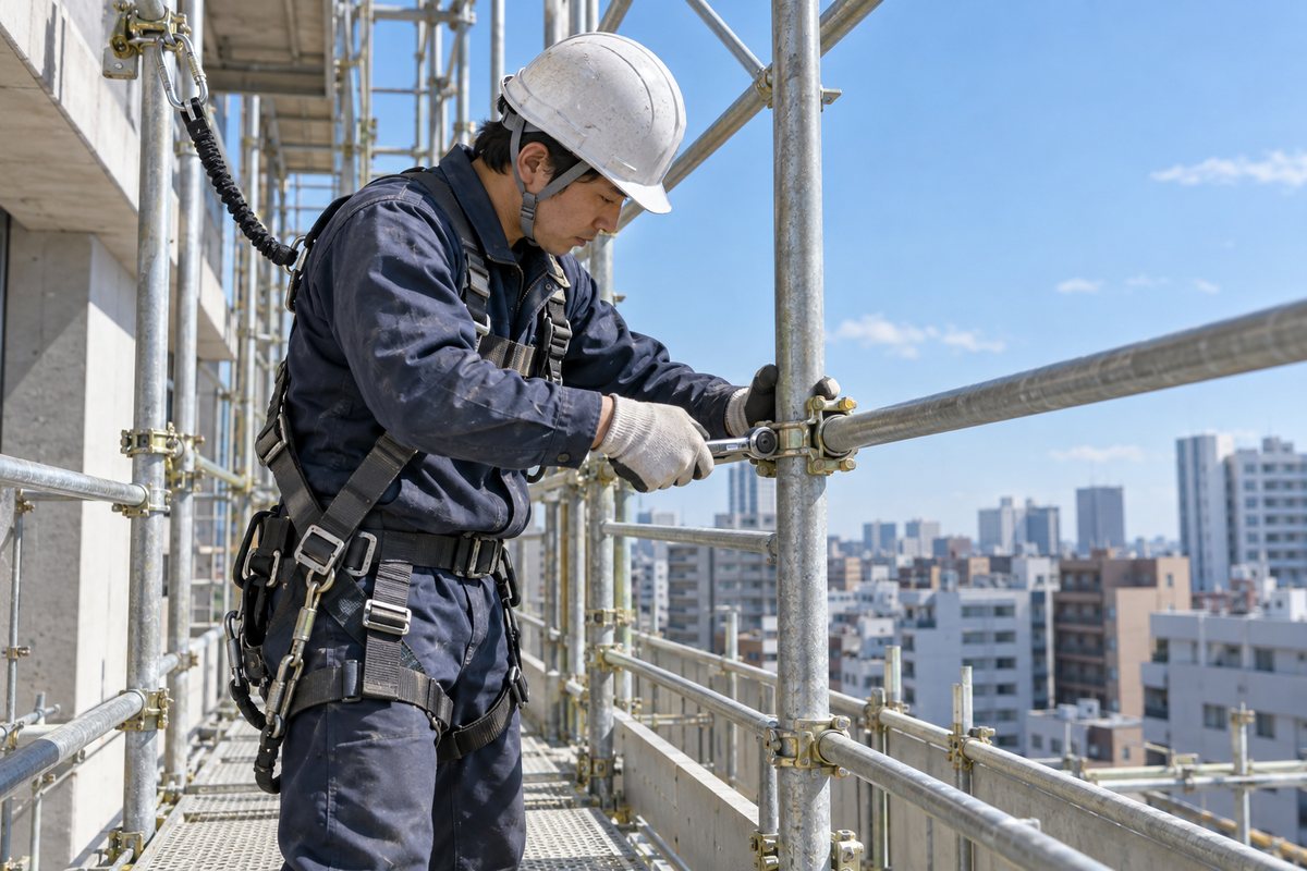 足場の組立てを進めるとび職人